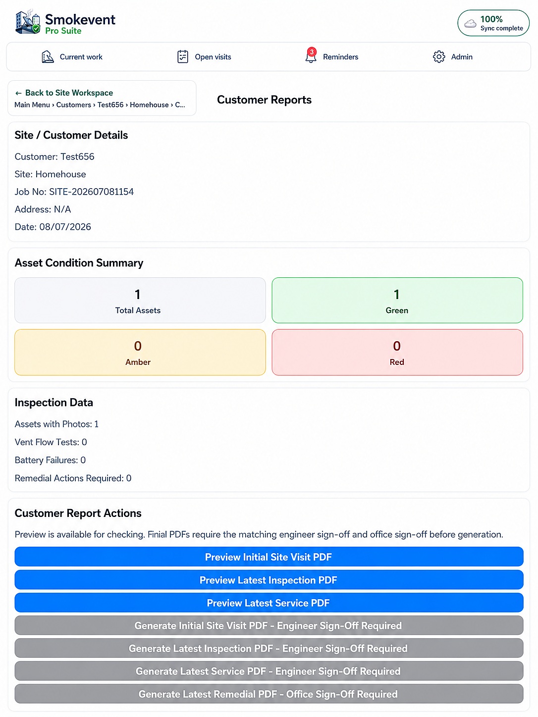 Smokevent Customer Reports screen