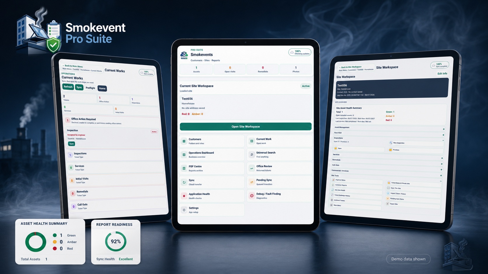 Smokevent Pro Suite product screens in a polished smoke-control product scene